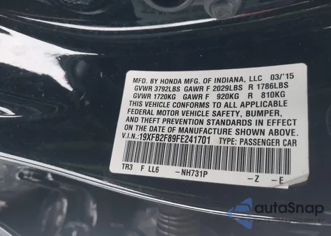 2015 Honda Civic Ex from USA, damaged, VIN 19XFB2F89FE241701